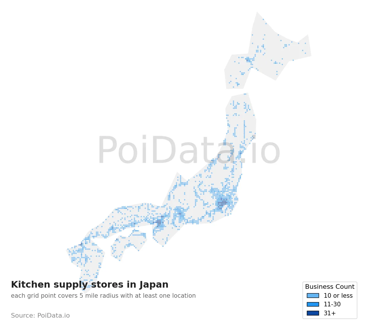 Kitchen supply store density map for Japan