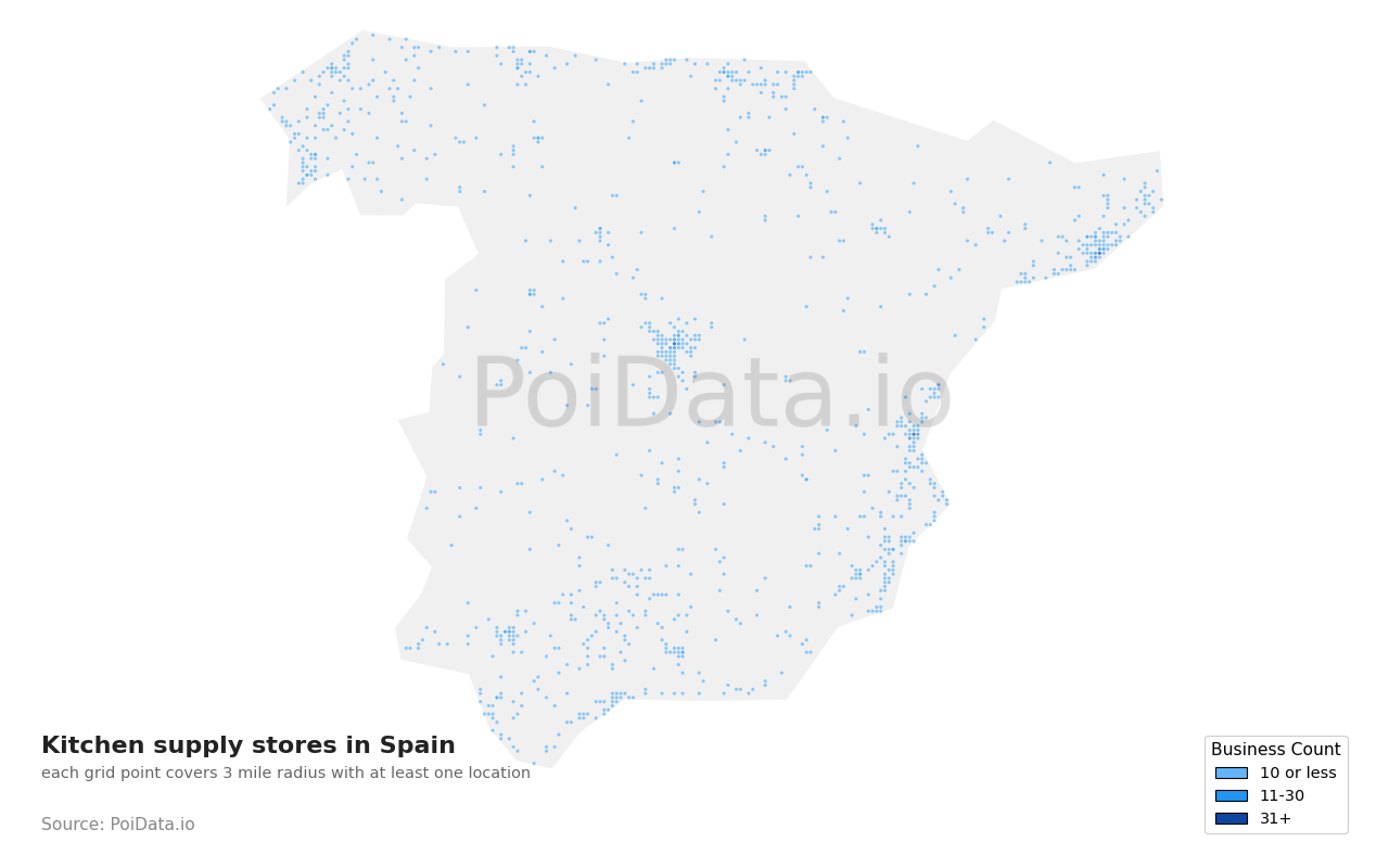 Kitchen supply store density map for Spain