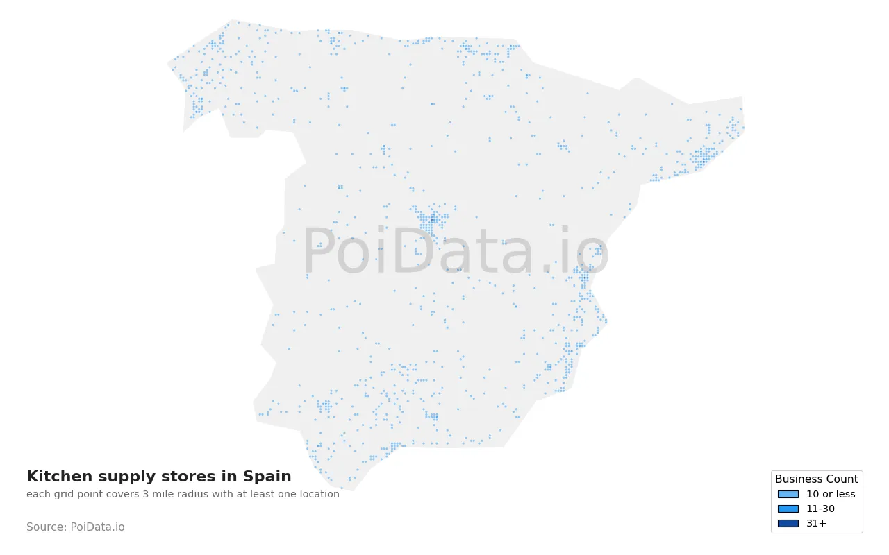 Kitchen supply store density map for Spain