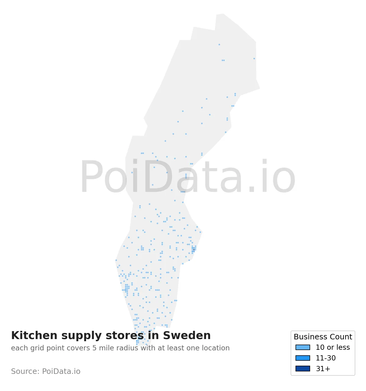 Kitchen supply store density map for Sweden