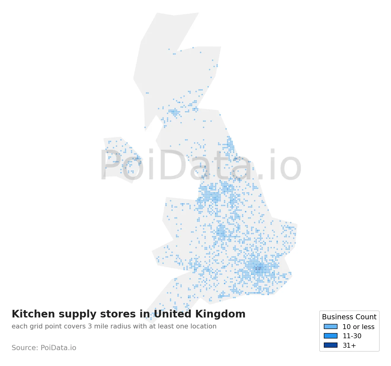 Kitchen supply store density map for United Kingdom