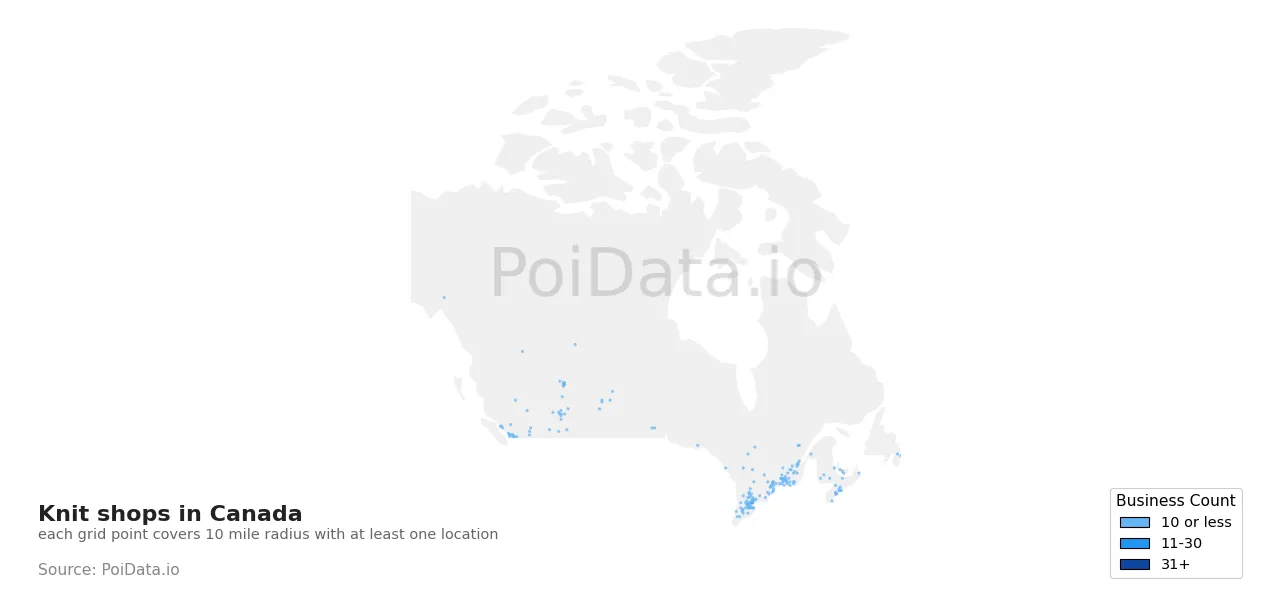 Knit shop density map for Canada
