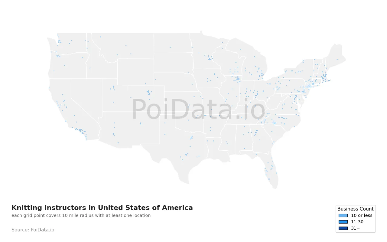 Knitting instructor density map for United States