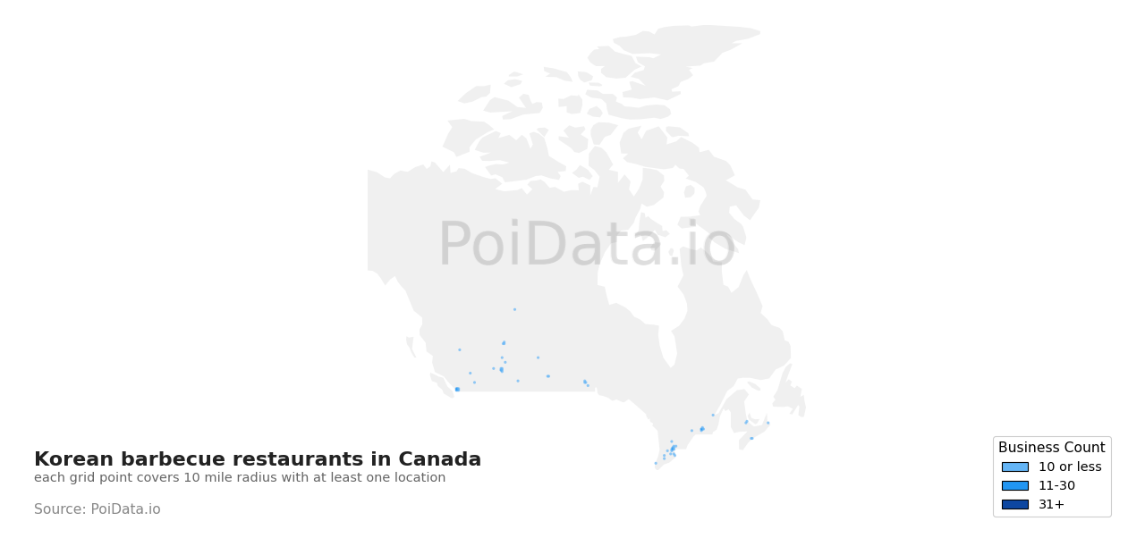 Korean barbecue restaurant density map for Canada