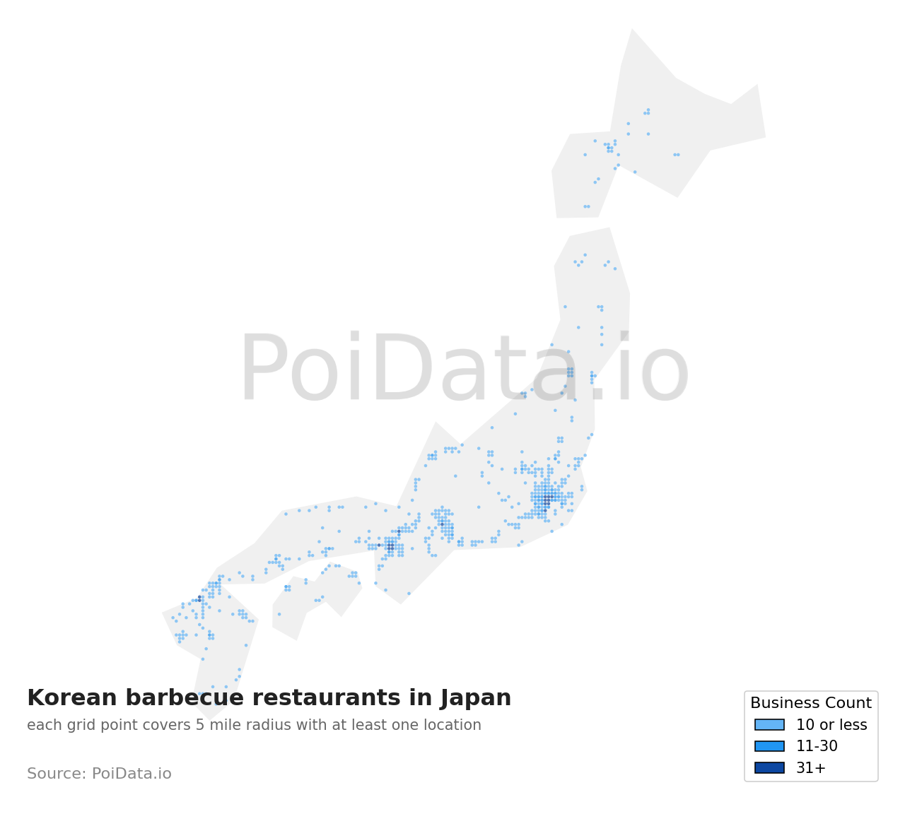 Korean barbecue restaurant density map for Osaka, Japan
