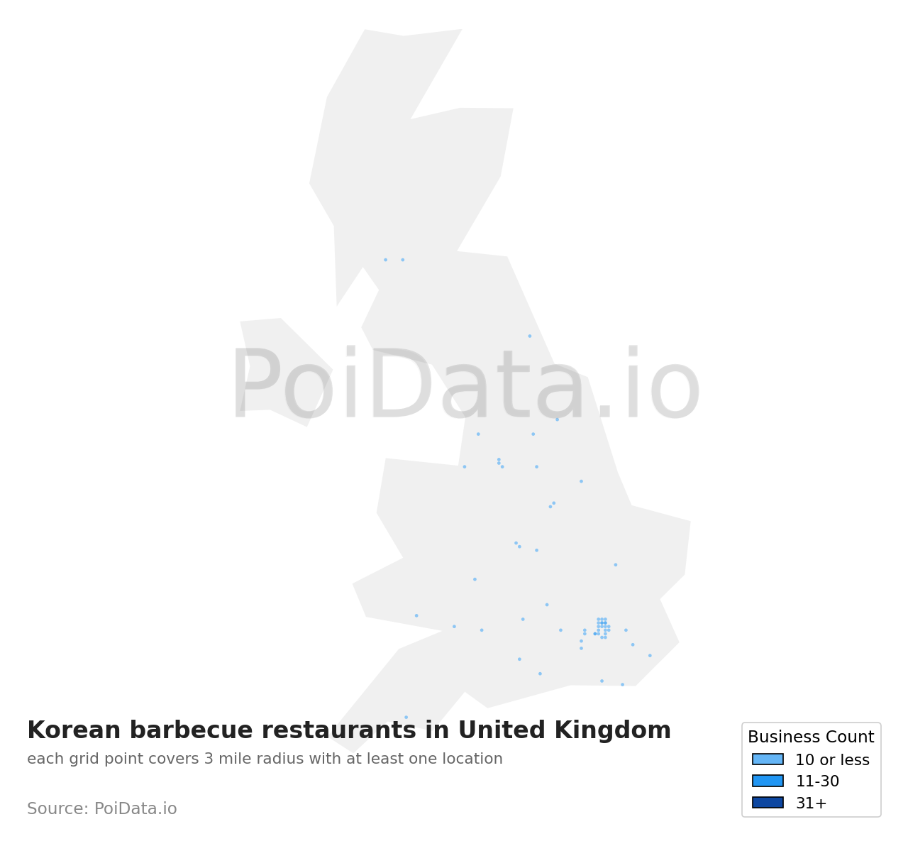 Korean barbecue restaurant density map for United Kingdom