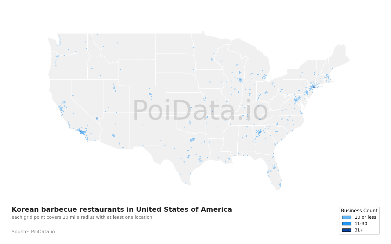Korean barbecue restaurant density map for United States