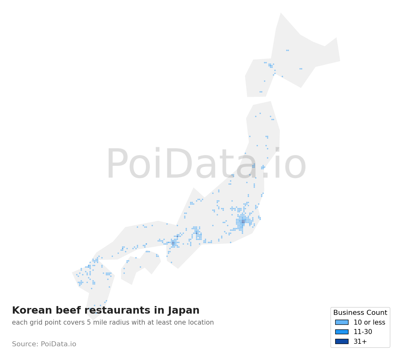 Korean beef restaurant density map for Osaka, Japan
