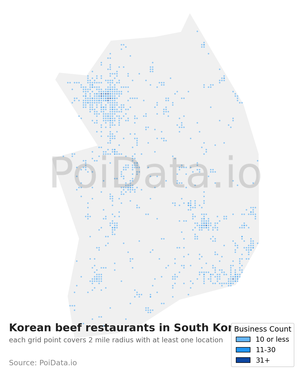 Korean beef restaurant density map for South Korea