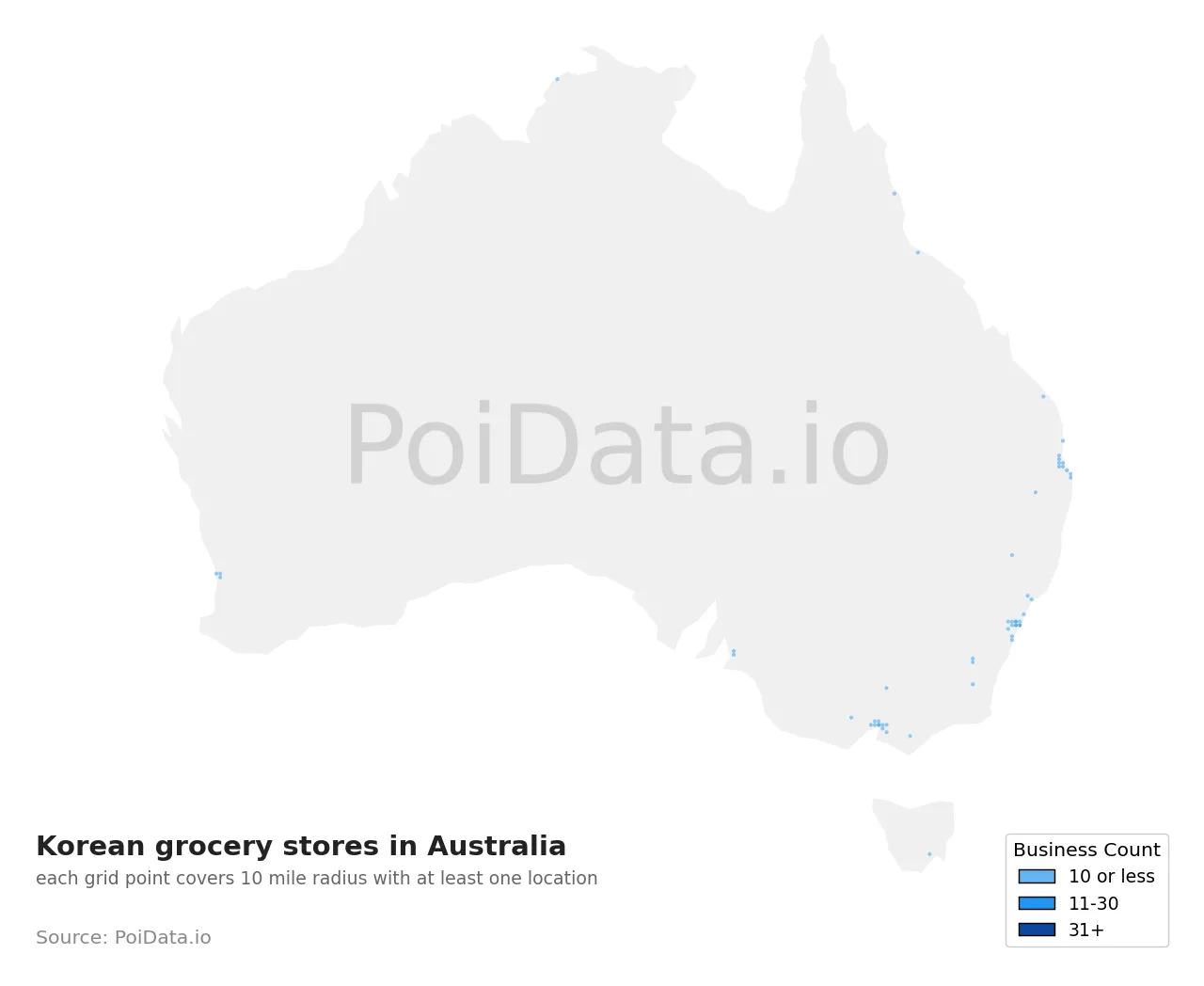 Korean grocery store density map for Australia