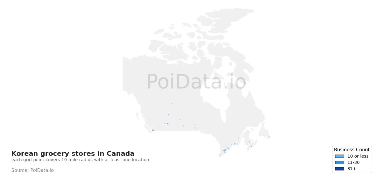 Korean grocery store density map for Canada