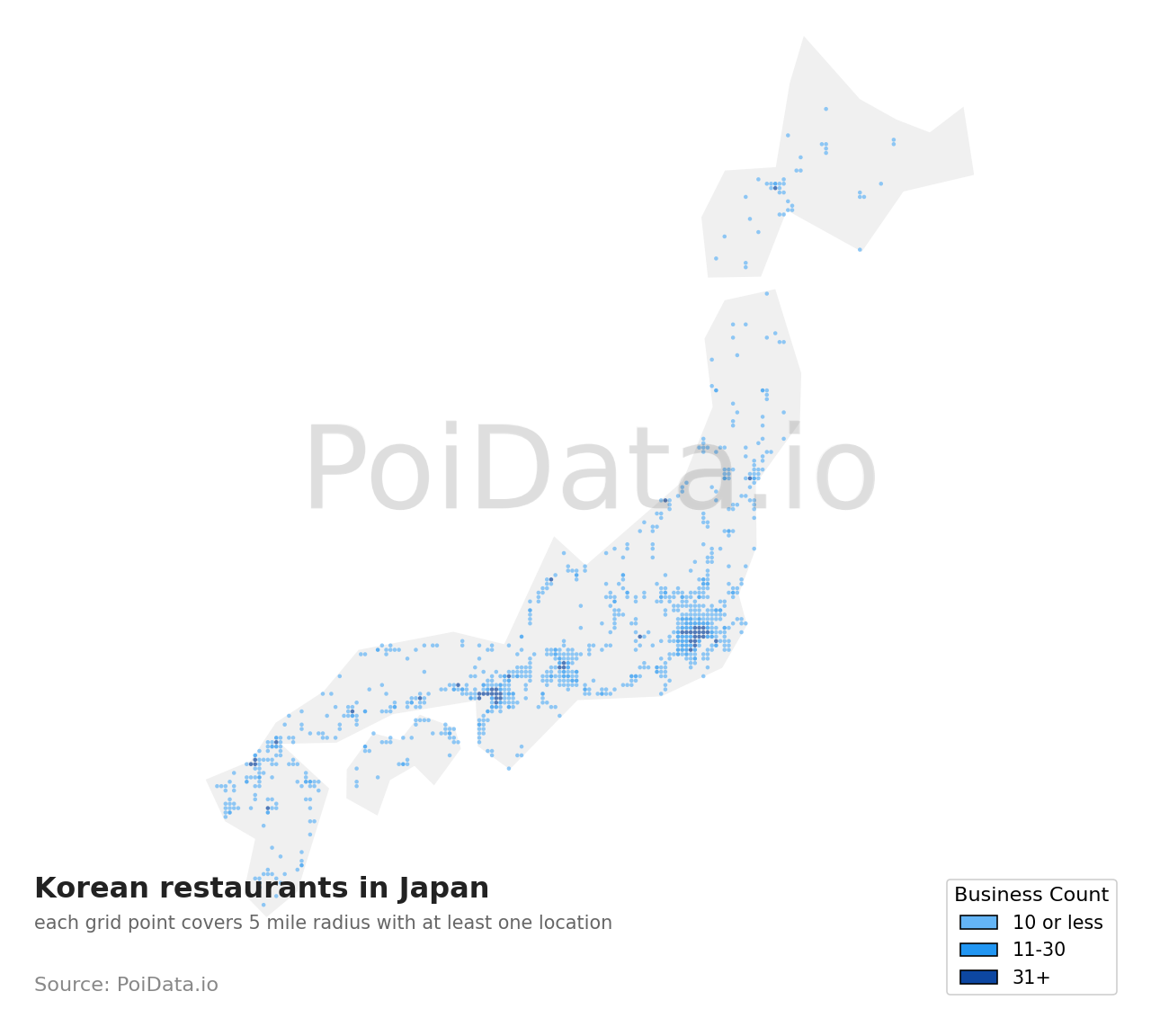 Korean restaurant density map for Japan