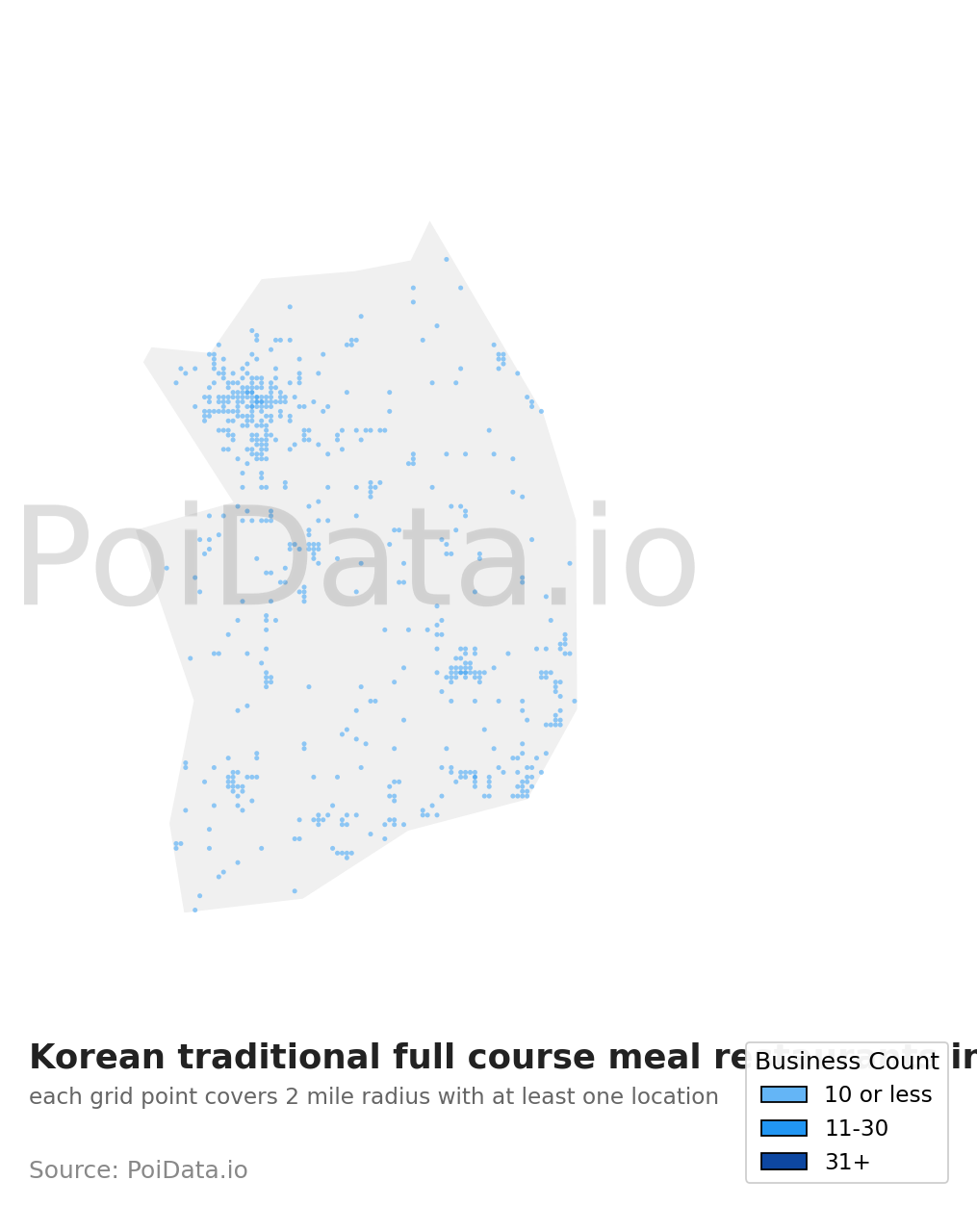 Korean traditional full course meal restaurant density map for South Korea