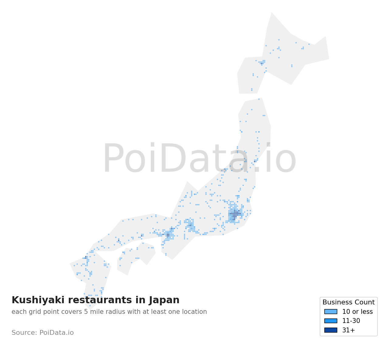 Kushiyaki restaurant density map for Kanagawa, Japan