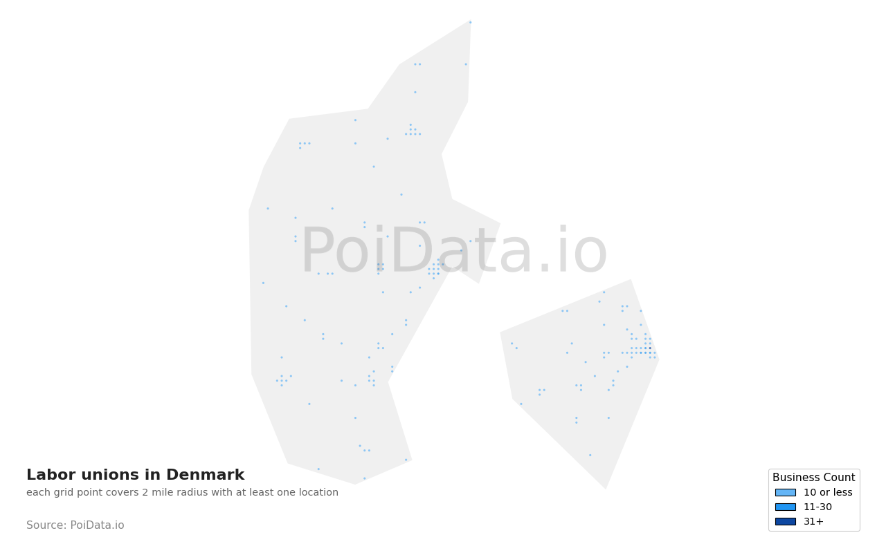 Labor union density map for Denmark