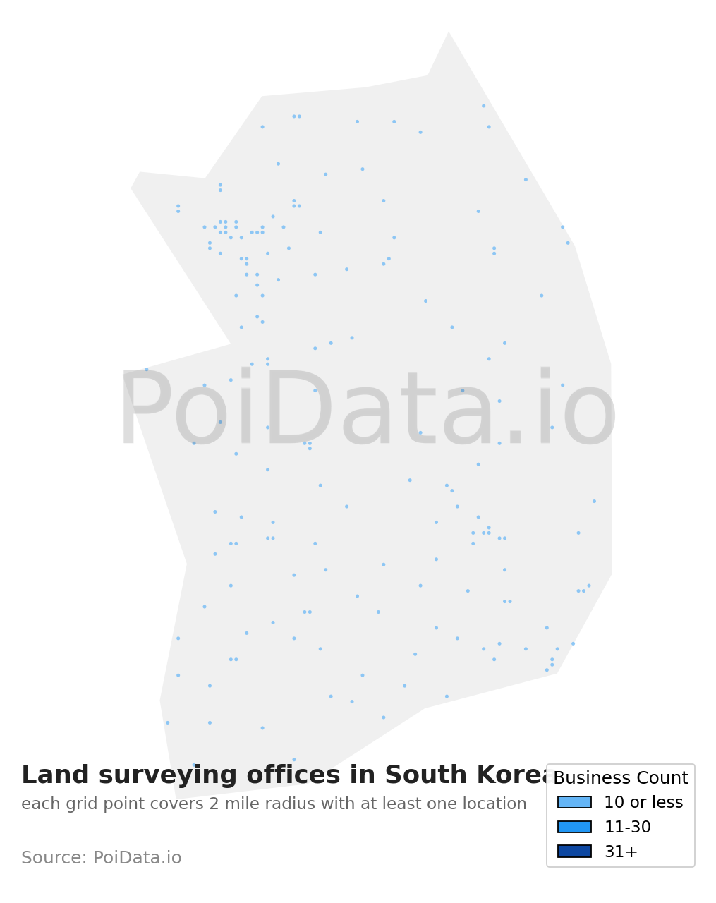 Land surveying office density map for South Korea