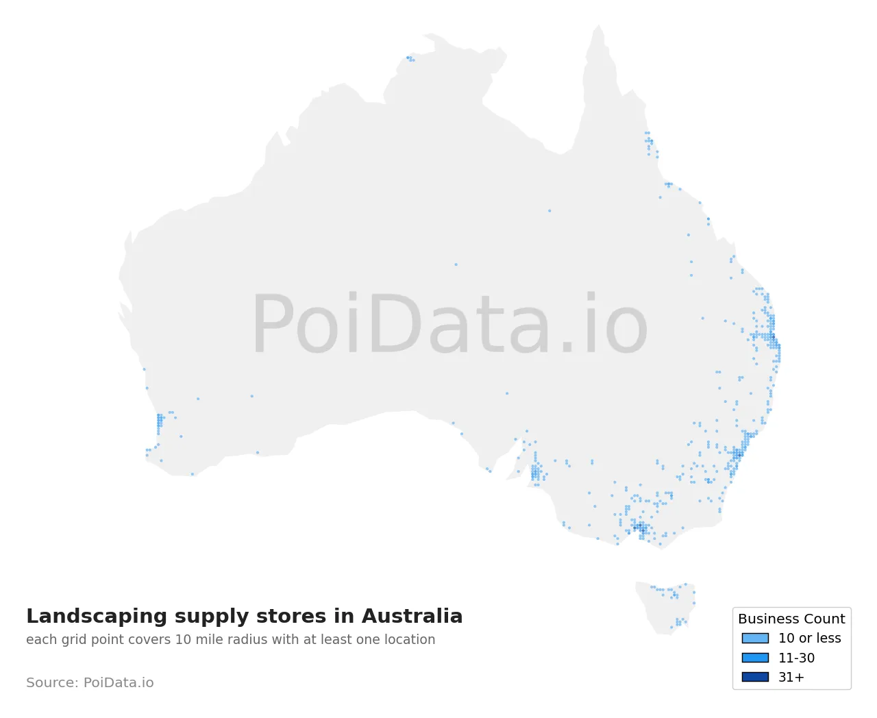 Landscaping supply store density map for Australia