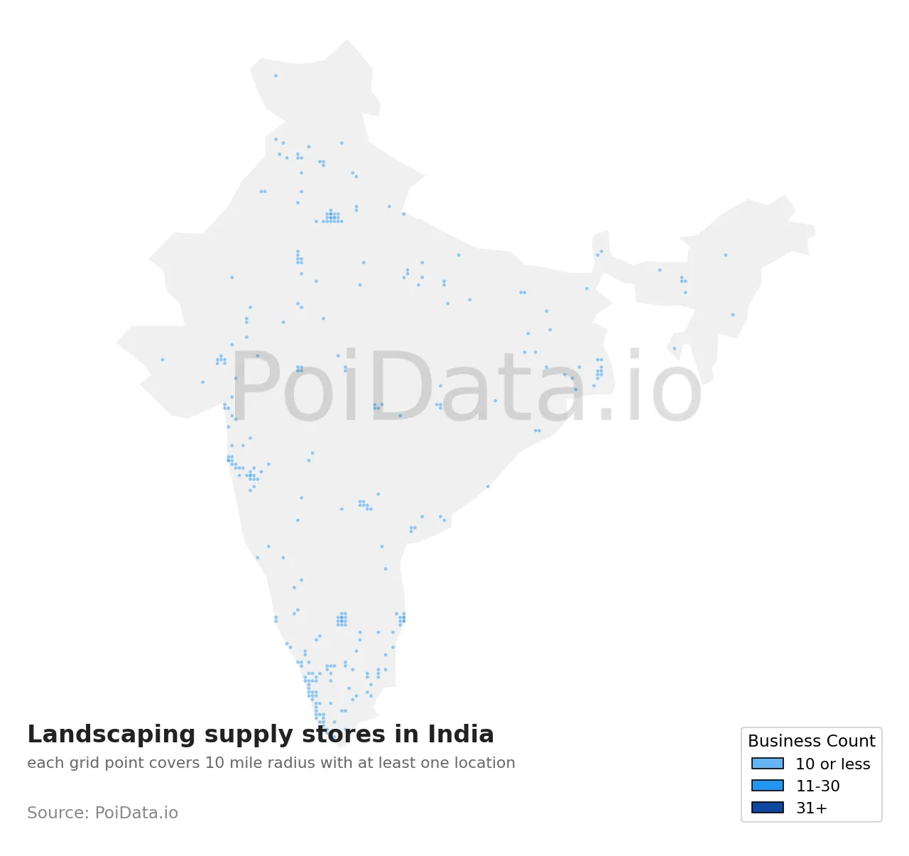 Landscaping supply store density map for India