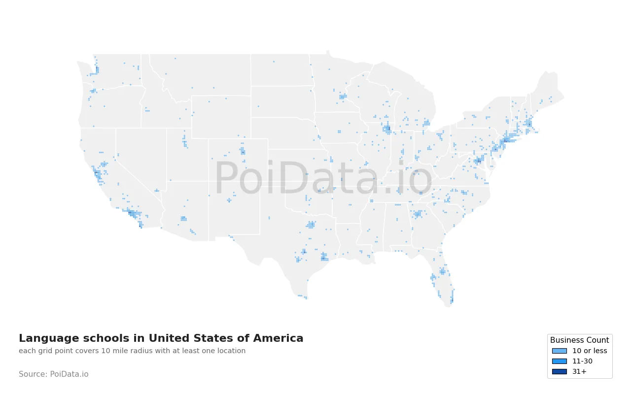 Language school density map for United States