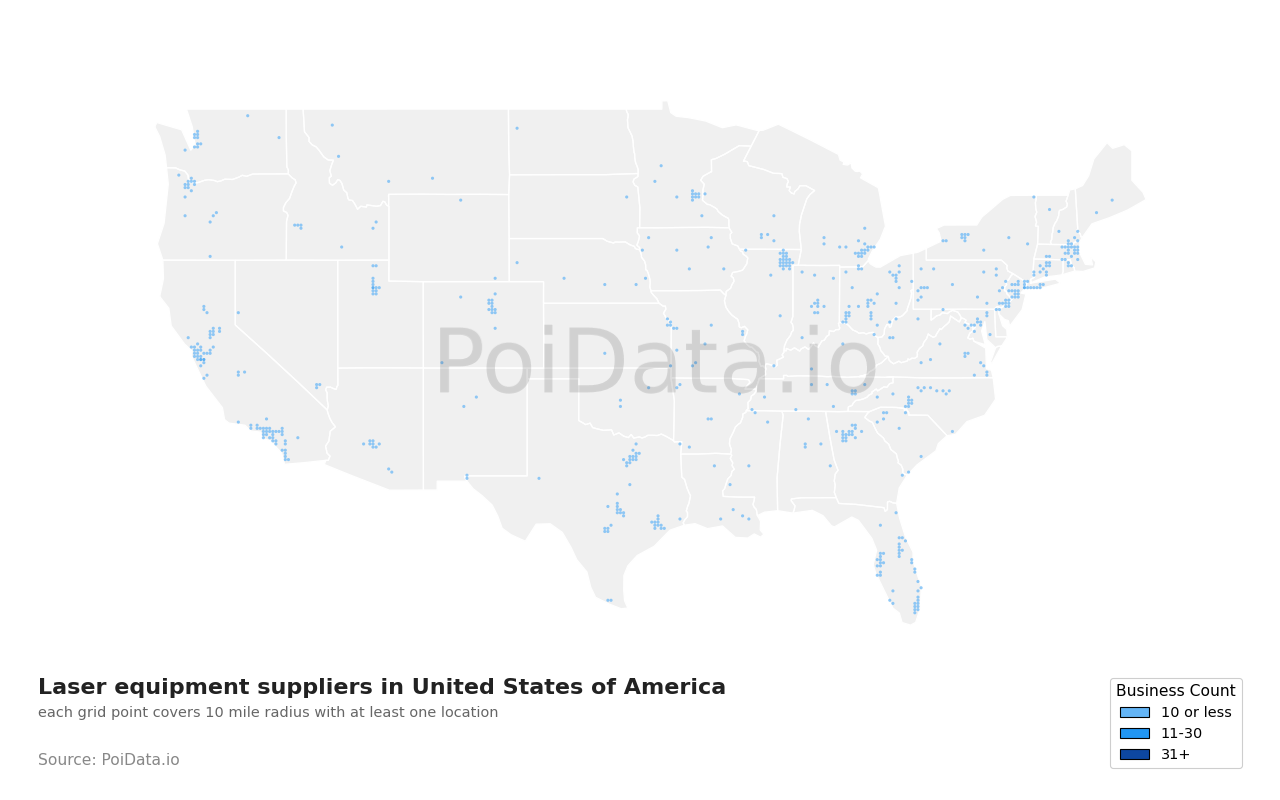 Laser equipment supplier density map for United States