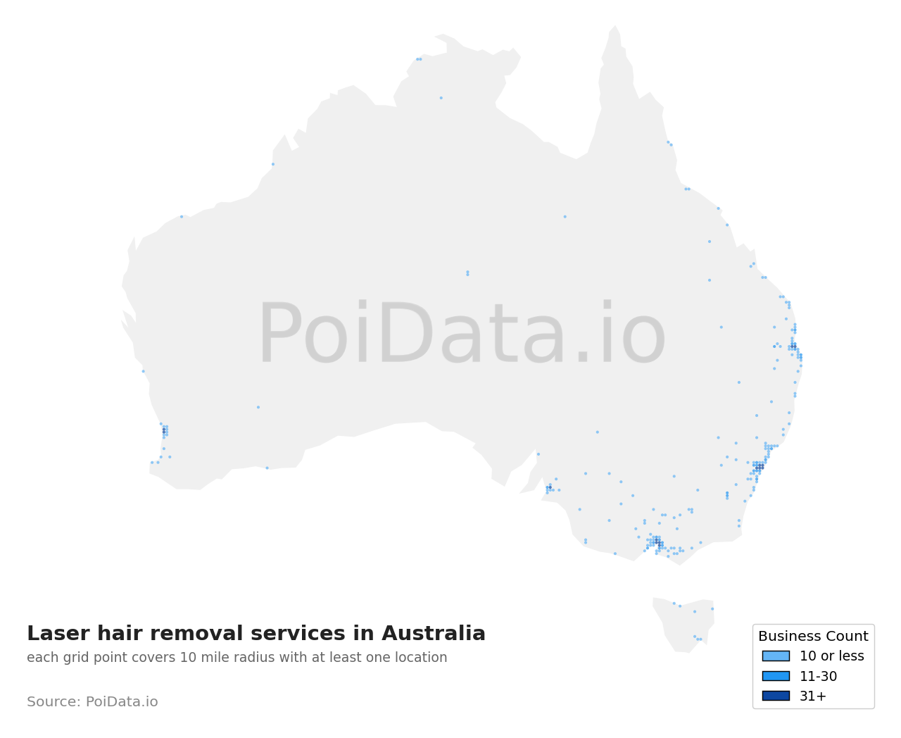 Laser hair removal service density map for Australia