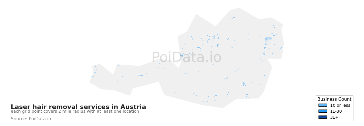 Laser hair removal service density map for Austria