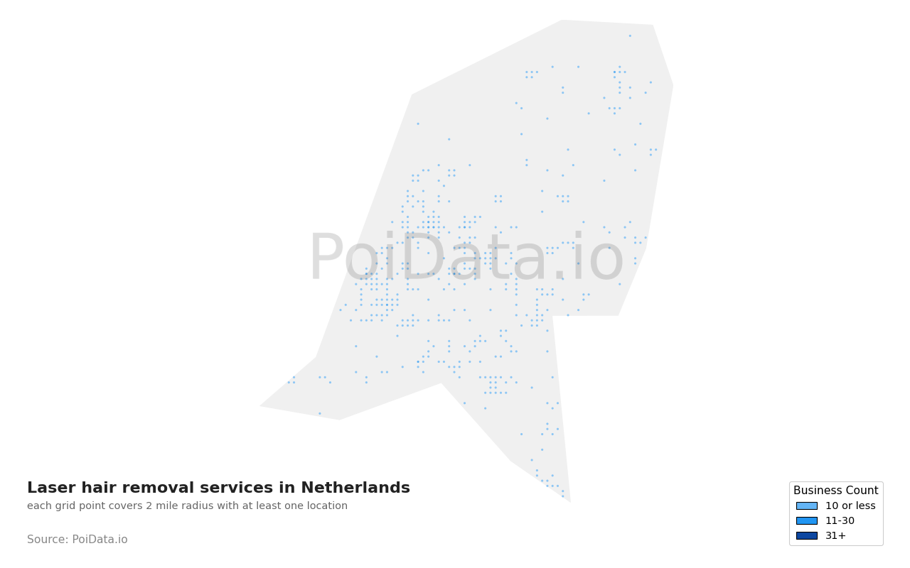 Laser hair removal service density map for Netherlands