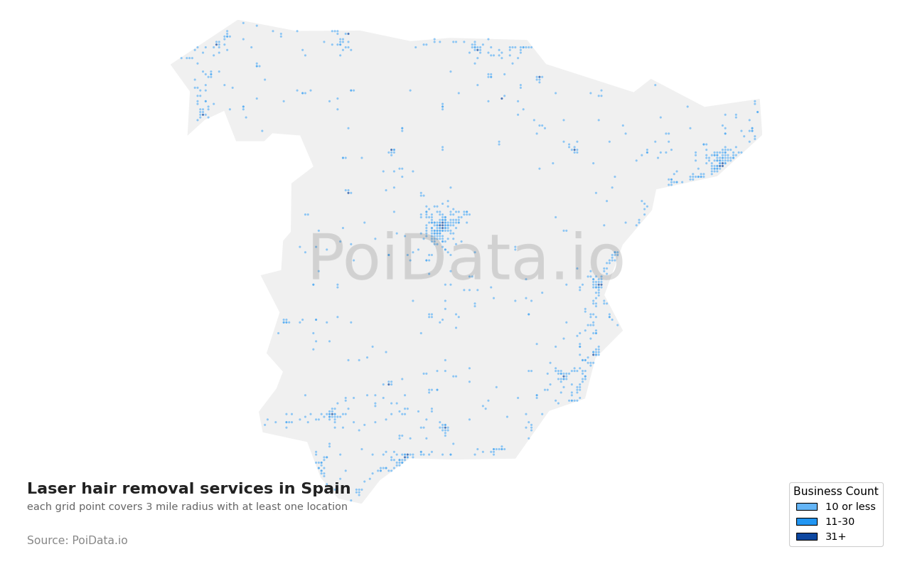 Laser hair removal service density map for Spain