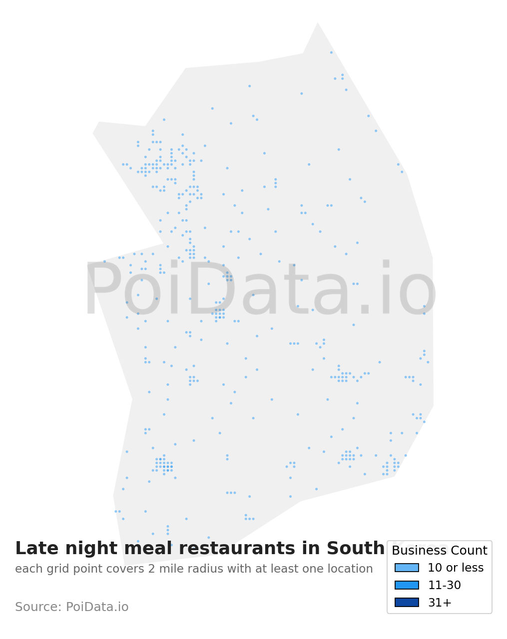 Late night meal restaurant density map for South Korea