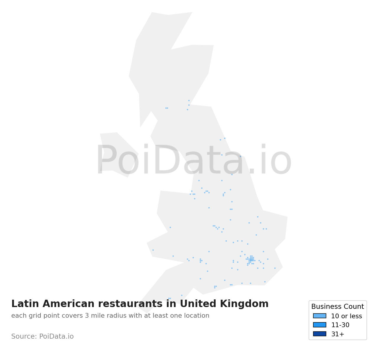 Latin American restaurant density map for United Kingdom