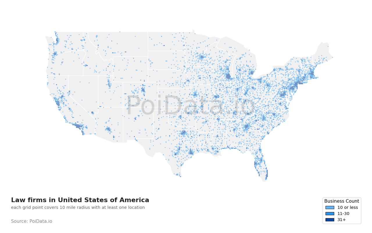 Law firm density map for Massachusetts, United States