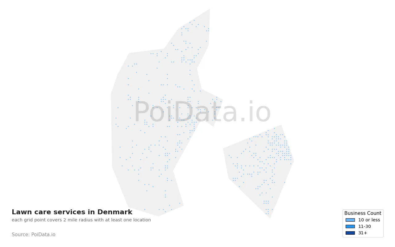 Lawn care service density map for Denmark