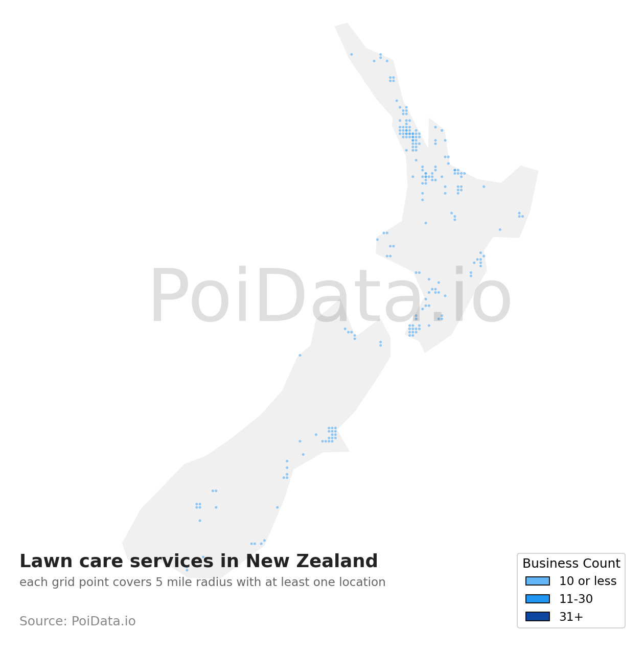 Lawn care service density map for New Zealand