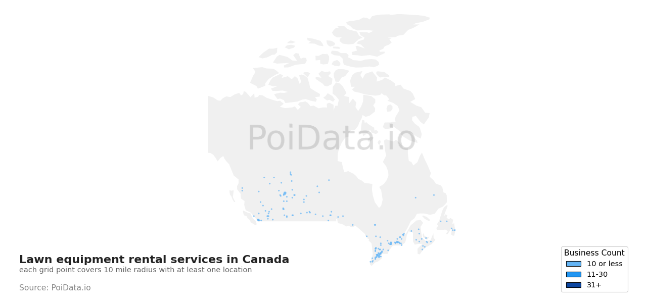 Lawn equipment rental service density map for New Brunswick, Canada