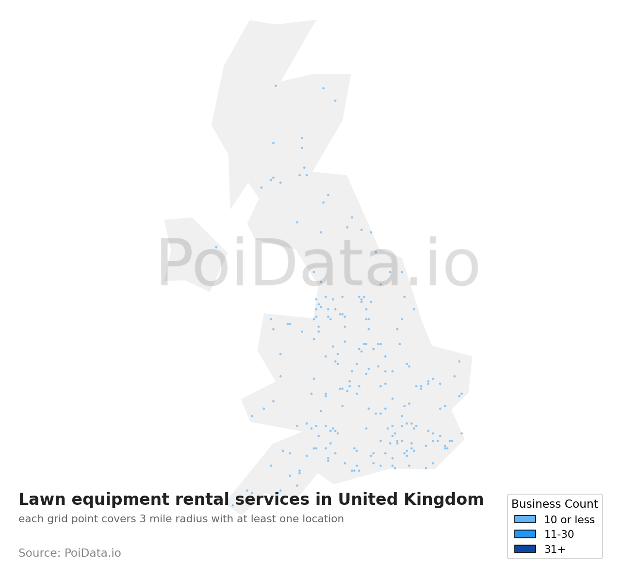 Lawn equipment rental service density map for United Kingdom
