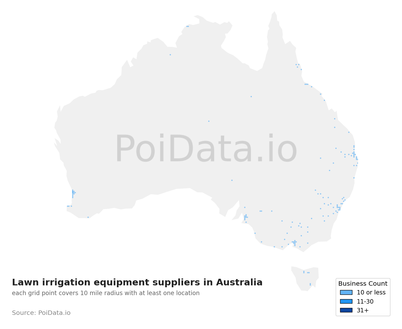 Lawn irrigation equipment supplier density map for Australia