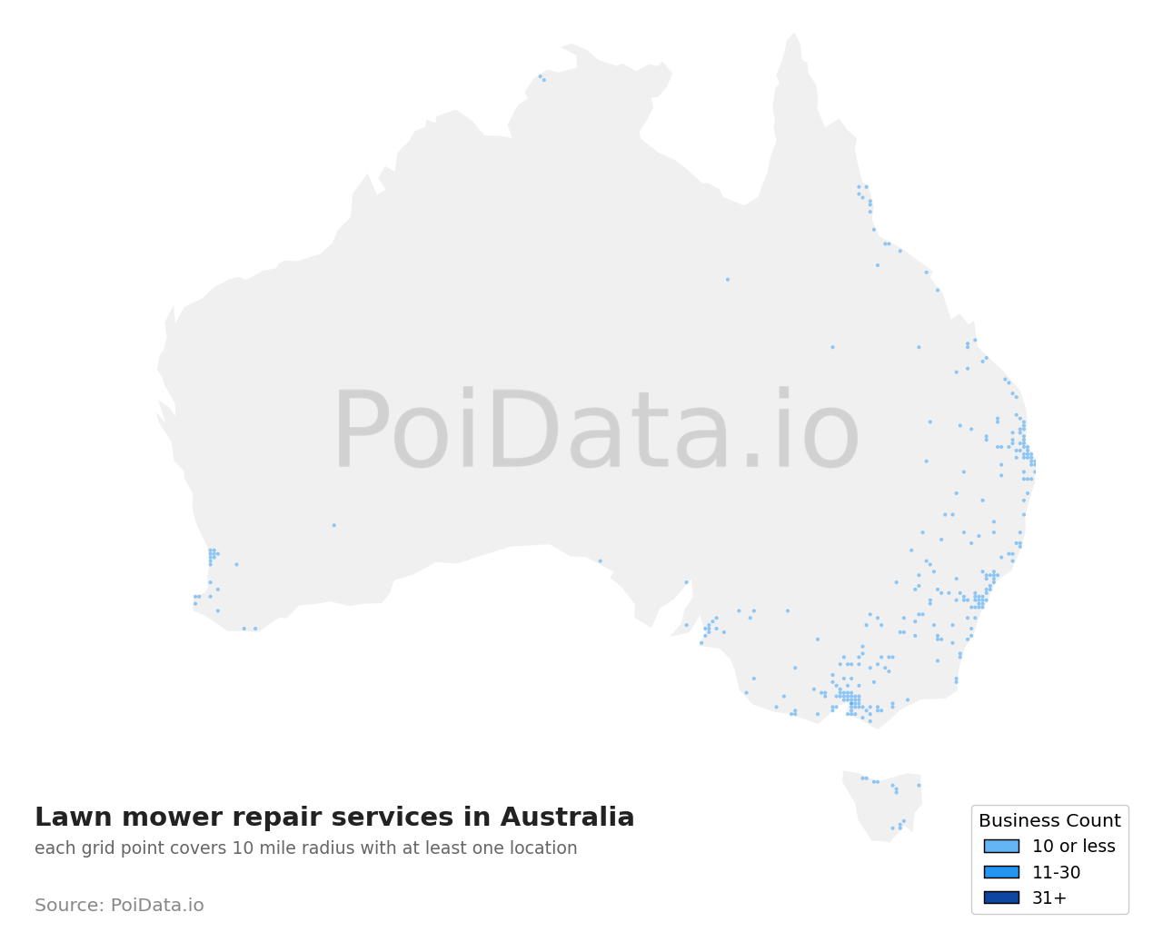 Lawn mower repair service density map for Australia