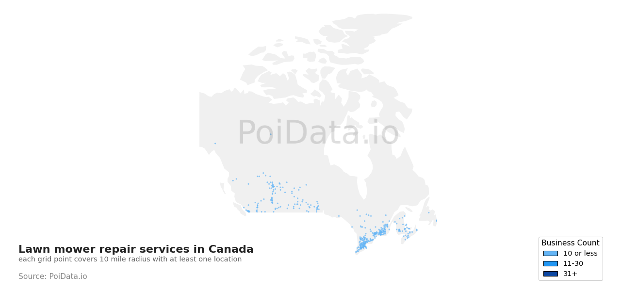 Lawn mower repair service density map for Alberta, Canada