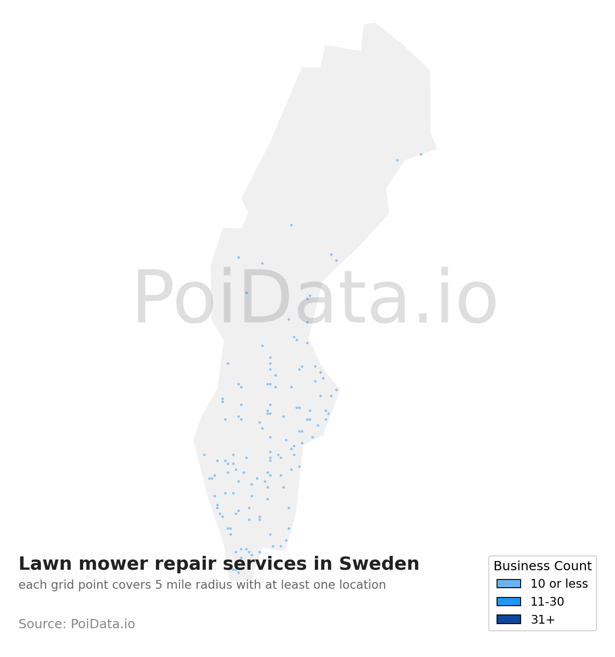 Lawn mower repair service density map for Sweden