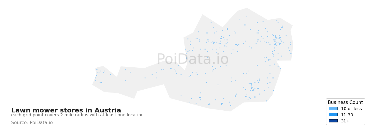 Lawn mower store density map for Austria