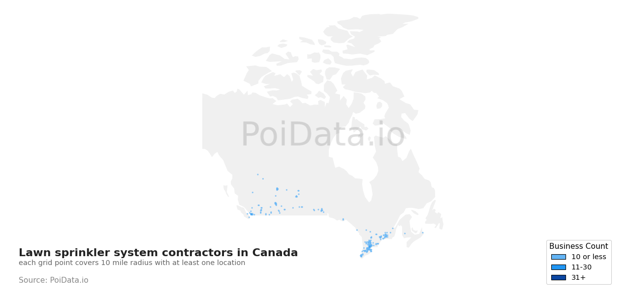 Lawn sprinkler system contractor density map for Canada