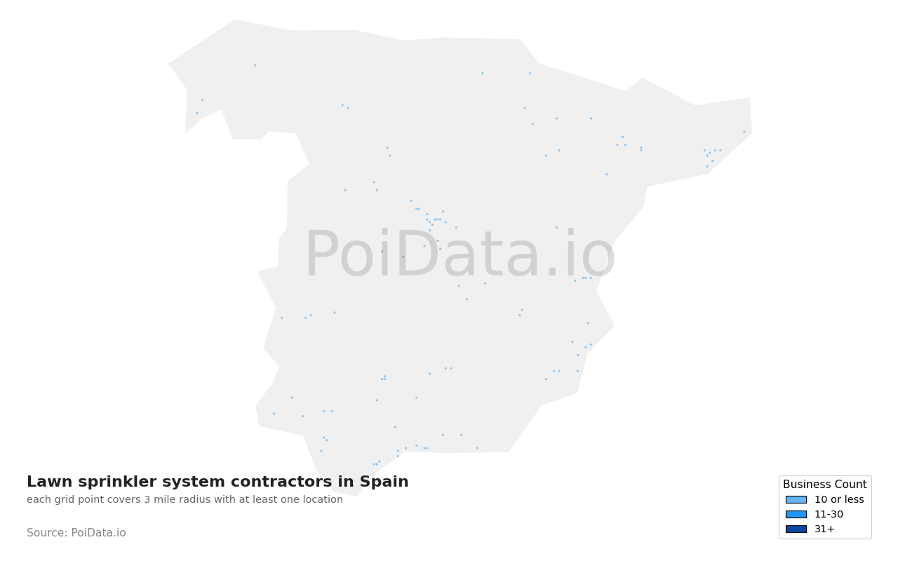Lawn sprinkler system contractor density map for Spain