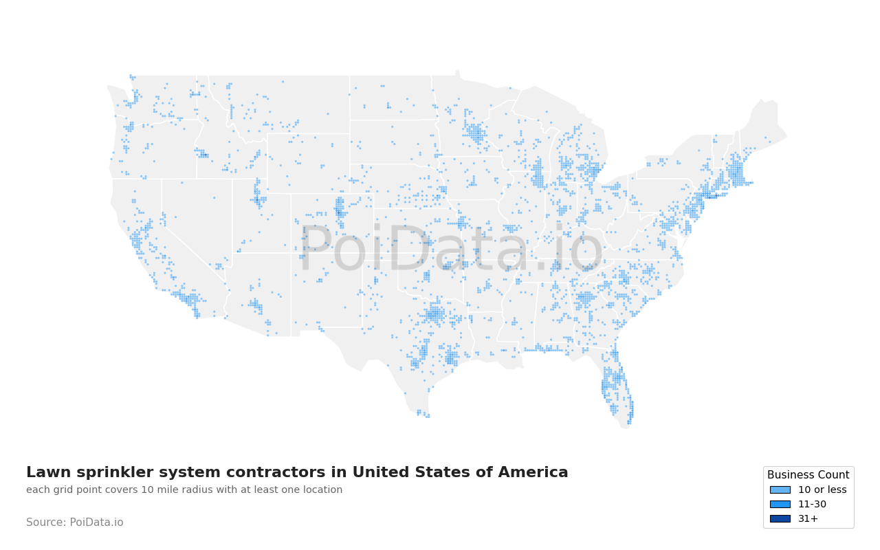 Lawn sprinkler system contractor density map for Texas, United States