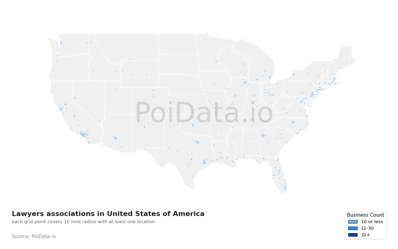 Lawyers association density map for Massachusetts, United States