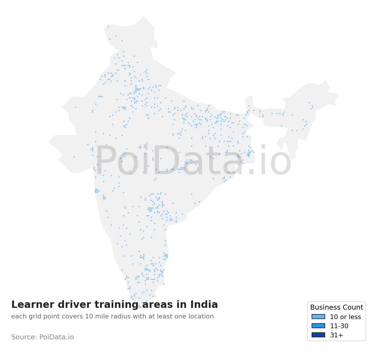 Learner driver training area density map for India