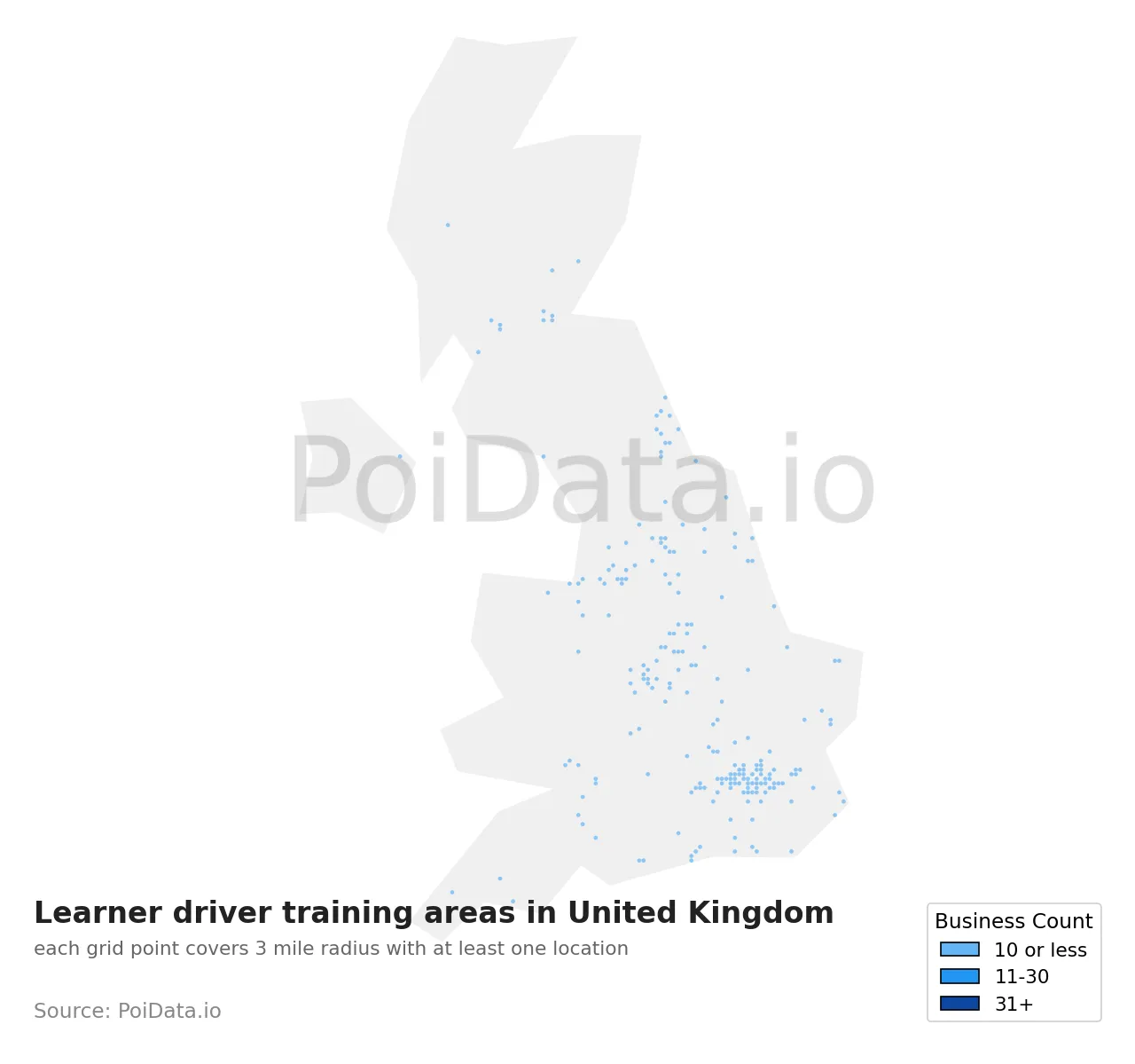 Learner driver training area density map for United Kingdom