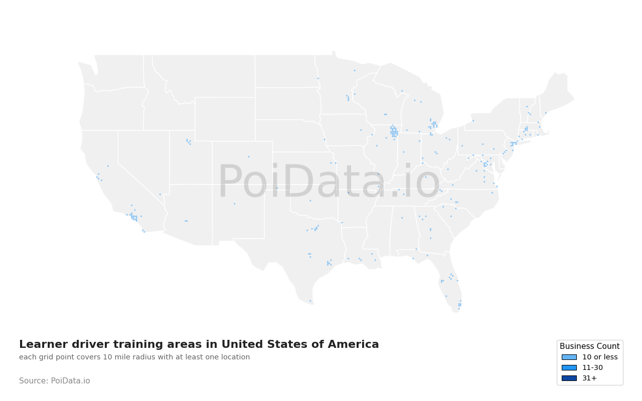 Learner driver training area density map for United States
