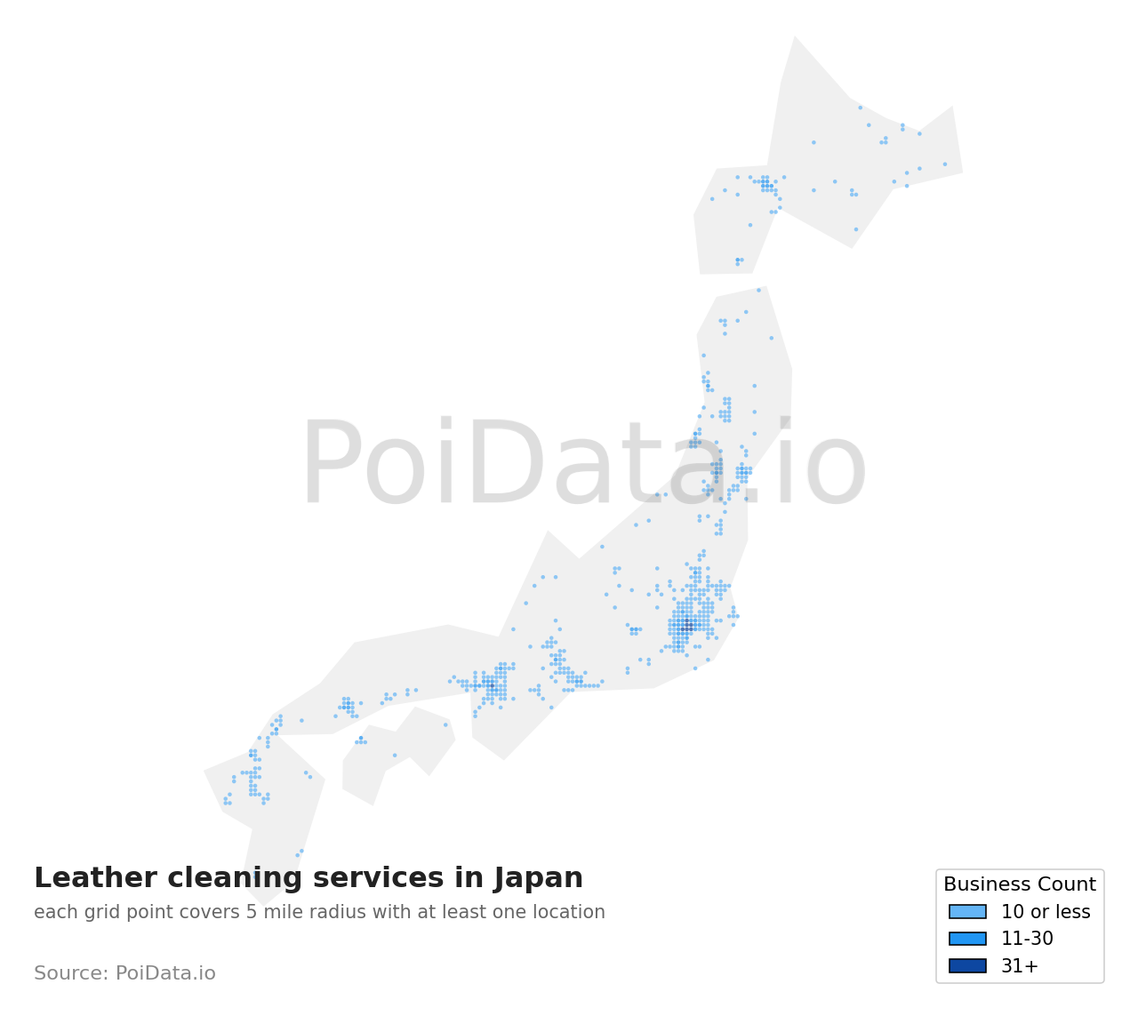 Leather cleaning service density map for Osaka, Japan