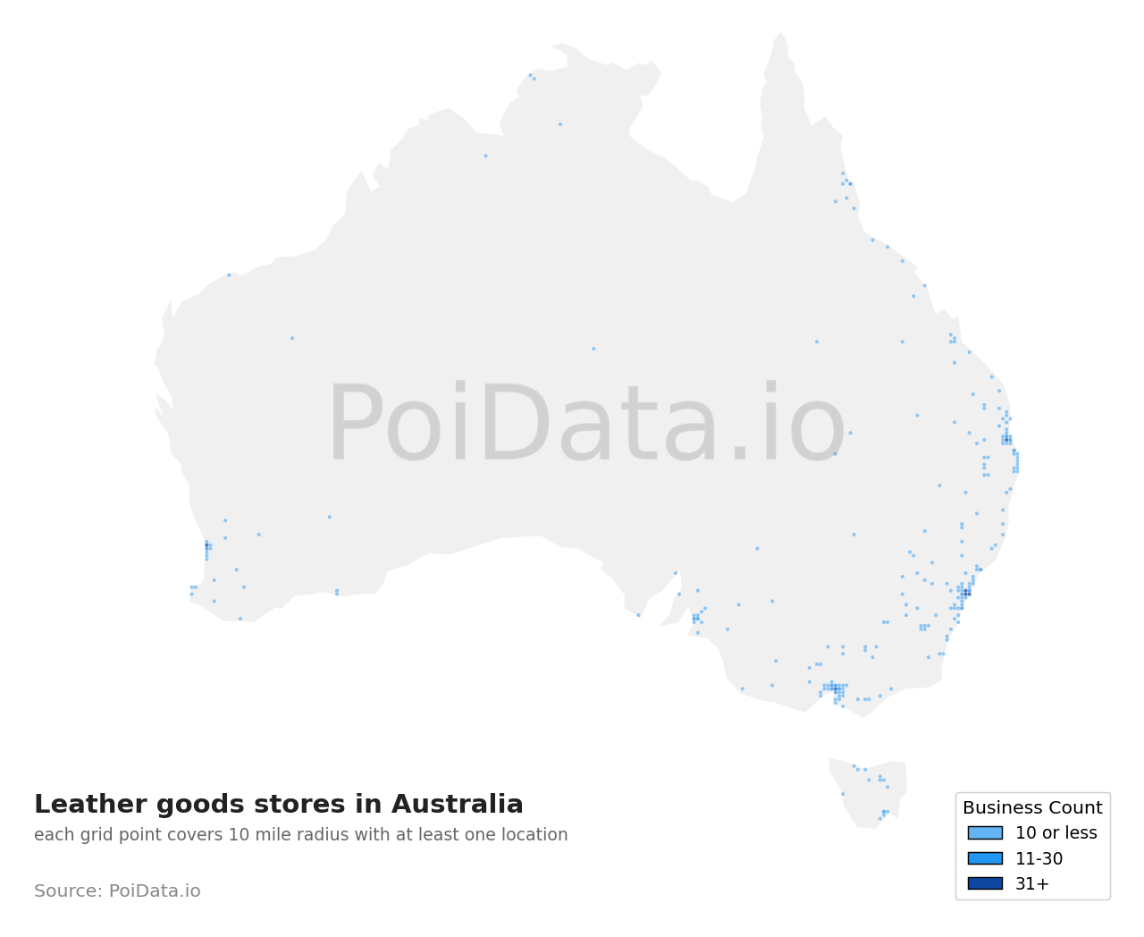 Leather goods store density map for QLD, Australia