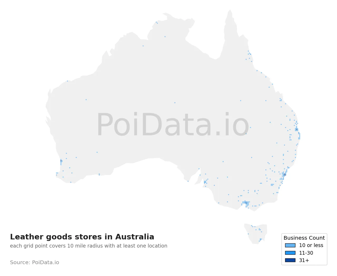 Leather goods store density map for Australia